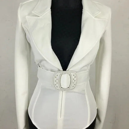Women's Long Sleeve Blazer Bodysuit with Crystal Belt, V-Neck Zipper Stage & Concert Performance Costume