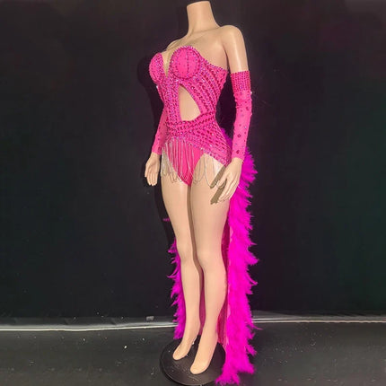The Stardust Showgirl Finale – Rhinestone Bodysuit & Feather Train Costume