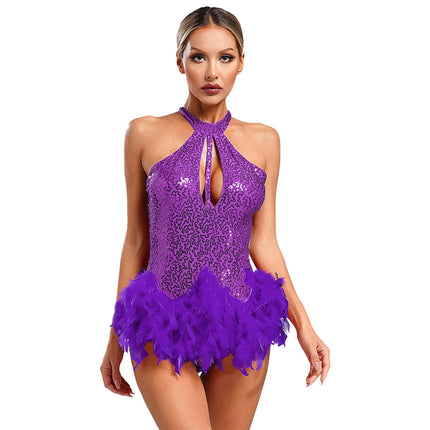 The Stardust Empress Royale – Sequined & Feathered Latin Dance Leotard Dress