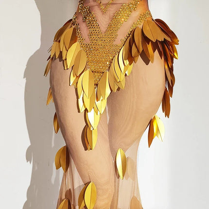 Gold Rhinestone Diamond Leaf Mesh Strapless Long Stage Gown Costume