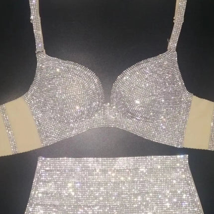 Dazzling Shimmer Crystal Bikini & High-Waist Dance Performance Costume Set