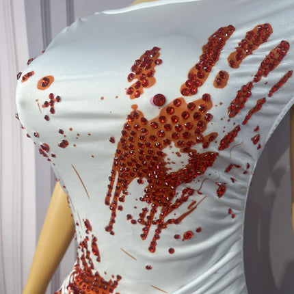 Blood Splatter Rhinestone Ruched Midi Dress Sleeveless Halloween Stage Costume