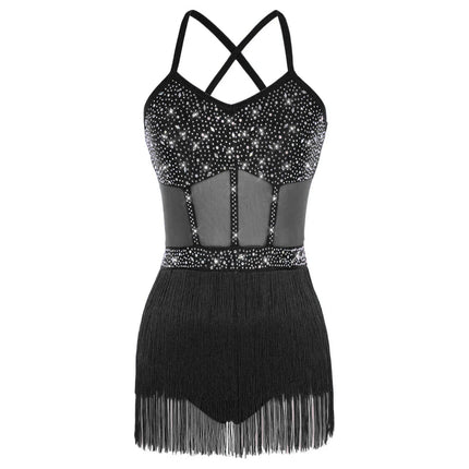 Rhinestone Latin Dance Dress, Mesh Tiered Tassel Bodysuit & Long Gloves Set