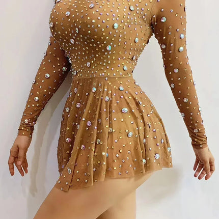Transparent Rhinestone High-Collar Mini Dress & Stage Performance Costume