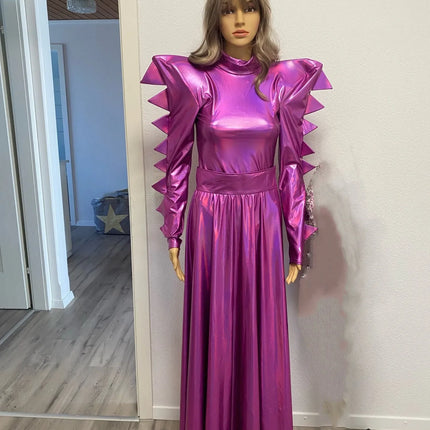Metallic Armor Bodysuit & Trailing Bustle Skirt 2-Piece Stage Performance Costume Set