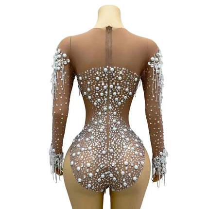 Sparkly Rhinestone, Pearl & Chain Long-Sleeve Mesh Bodysuit Stage Performance Costume