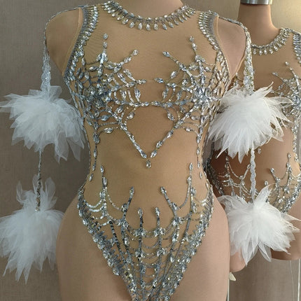 The Stardust Spider – Sexy Silver Sequins & Rhinestone Mesh Bodysuit