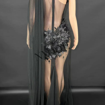 Sheer Rhinestone Applique Evening Gown Long Tail Showgirl Stage Performance Dress