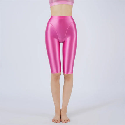 Oil Glossy High-Stretch Knee-Length Shorts Satin Shine Performance Biker Shorts