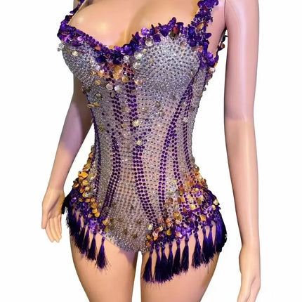 Sparkly Rhinestone & Tassel Fringe Bodysuit Stage Performance Costume
