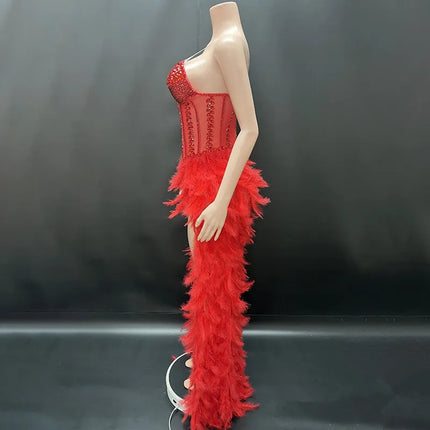 V-Neck Crystal Corset High-Low Feather Gown & Special Occasion Birthday Dress
