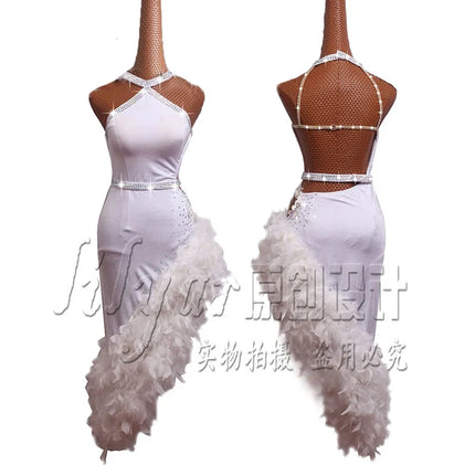 The Stardust Swan Queen – White Feathered Embroidered Latin Dance Competition Dress Set
