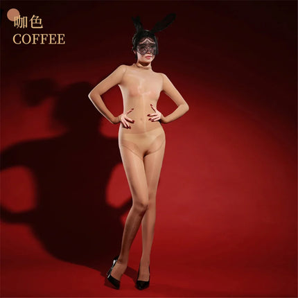 Oil Glossy High-Stretch Sheer Full-Length Bodysuit Thong Catsuit Jumpsuit