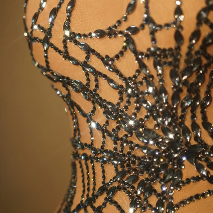 Sparkly Silver Rhinestone Spider Web Mesh Stage Performance Costume Set