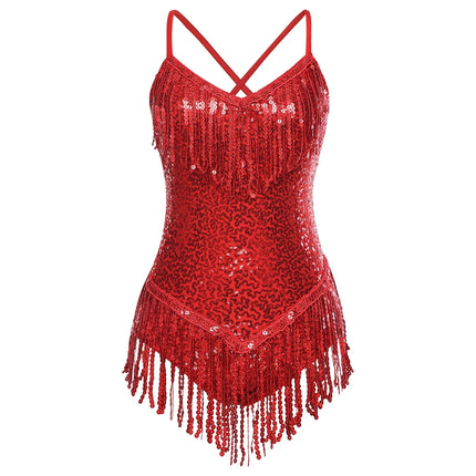 Sequins Fringed Cross Back Latin Dance Leotard Sleeveless V-Neck Bodysuit