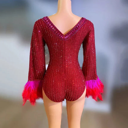 Red Hollow-Out Rhinestone Bodysuit & Feather Trim Stage Performance Costume
