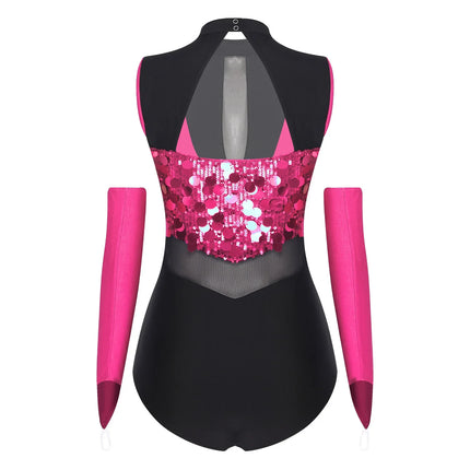 Sparkly Sequin Mock Neck Dance Leotard & Gloves Two-Piece Bodysuit Set