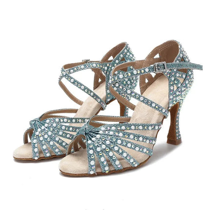 Sparkly AB Rhinestone Latin Dance Shoes Soft Bottom Ballroom Competition Heels