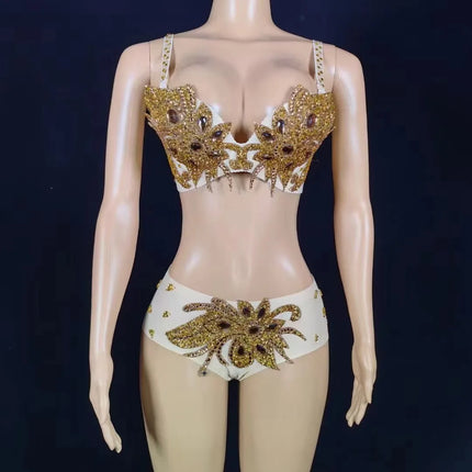 Sparkly Gold Rhinestone Two-Piece Bikini Bra & Shorts Set Stage Performance Costume
