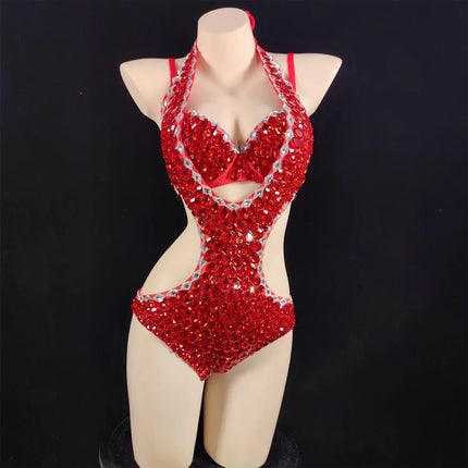Luxury Rhinestone & Crystal Beaded Halter Bikini Stage Bodysuit