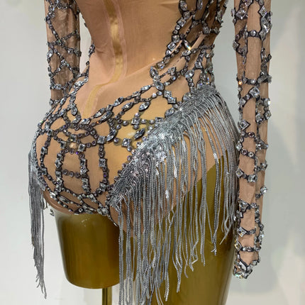 The Stardust Diamond Fringe Bodysuit – Luxury Rhinestone Mesh Stage Costume