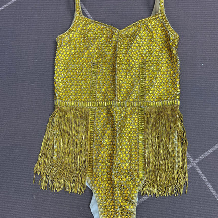 Gold Crystal Rhinestone Chain High-Cut Stage Performance Bodysuit Leotard