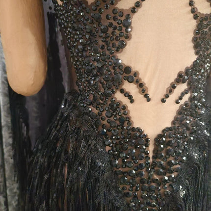 Sparkly Black Rhinestone Tassel Stage Performance Mini Dress Birthday Party Gown