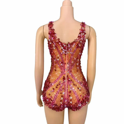 Crimson Sequin Strip & Crystal Rhinestone Bodysuit Illusion Mesh Sleeveless Leotard Stage Costume