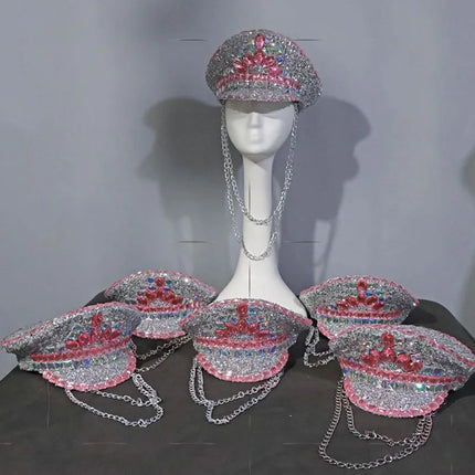 Pink & Silver Rhinestone Captain Hat Drag Queen & Showgirl Stage Headwear