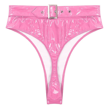 High-Waist Patent Leather Wet-Look Briefs with Adjustable Back Buckle Belt