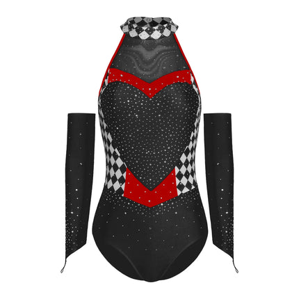 Queen of Hearts Rhinestone Halter Bodysuit & Sleeves Checkered Circus Stage Costume Set