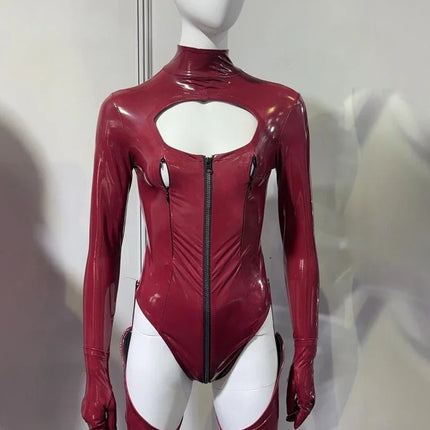 Faux Latex PU Leather Hollow-Out Breast Zipper Bodysuit & Stockings Set