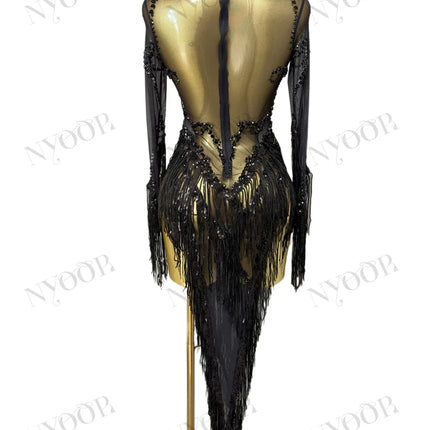 Black Rhinestone Fringe Illusion Mini Dress Sparkly Stage Dance Costume
