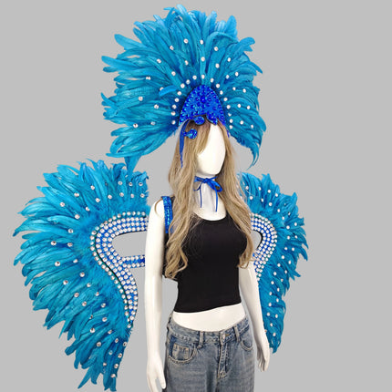 Carnival Elegant Ladies Feather Headdress Wings Two-Piece Role Play Catwalk Halloween Masquerade Carnival Party Suit