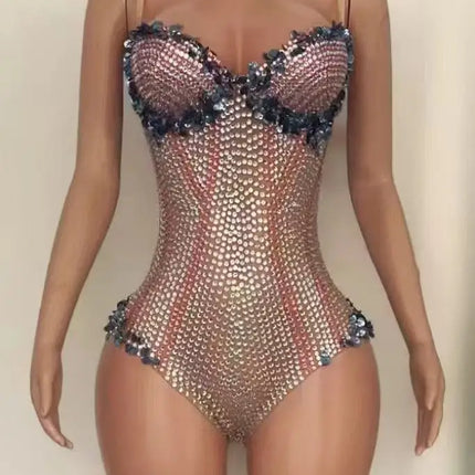 Sparkly Rhinestone & Tassel Fringe Bodysuit Stage Performance Costume