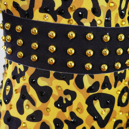 Vintage-Inspired Leopard Print Shiny Rhinestone Sequin Leotard
