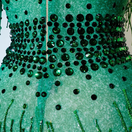 Rhinestone Tassel Mesh Performance Bodysuit