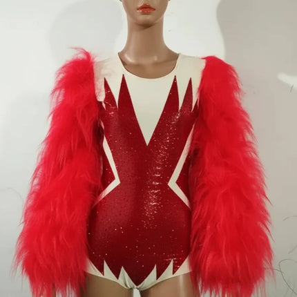 Sultry Red Feather Showgirl Bodysuit & Stage Costume Set