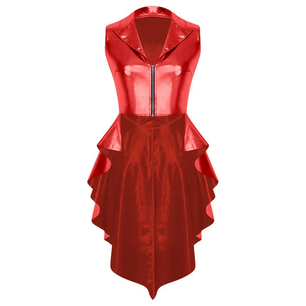 Metallic Wet-Look Sleeveless Tailcoat Jacket with Asymmetrical High-Low Hem