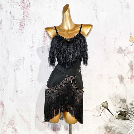Black Fluffy Dance Leotard & Fringe Practice Skirt Latin Performance Costume Set