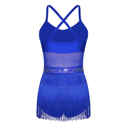 Rhinestone Latin Dance Dress, Mesh Tiered Tassel Bodysuit & Long Gloves Set