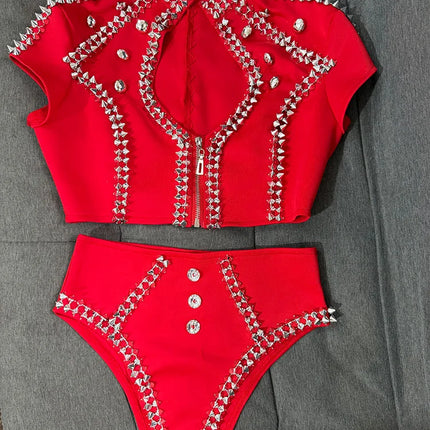 Sparkly Red Rhinestone Top & Shorts Set Gogo Showgirl Performance Outfit