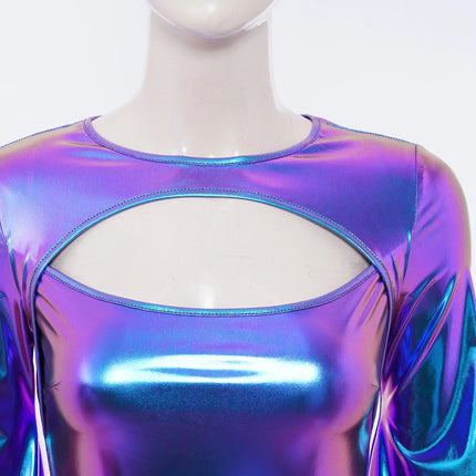 Metallic Flared Sleeve Cutout Disco Bodysuit & Metallic Rave Leotard