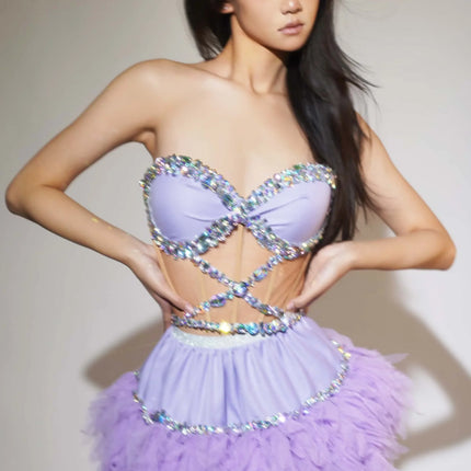 Sparkly Rhinestone Strapless Crop Top & Mesh Tutu Skirt 2-Piece Set