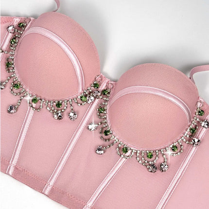 Mesh Bustier Corset Crop Top Diamond Embroidery Tassel Evening Party Bralette