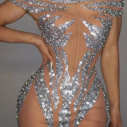 Sparkly Silver & Red Rhinestone Sleeveless Mini Dress Stage Costume