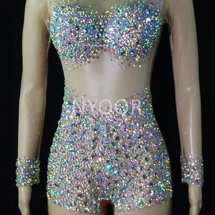 Luxurious AB Crystal Rhinestone Stage Dance Costume Illusion Romper