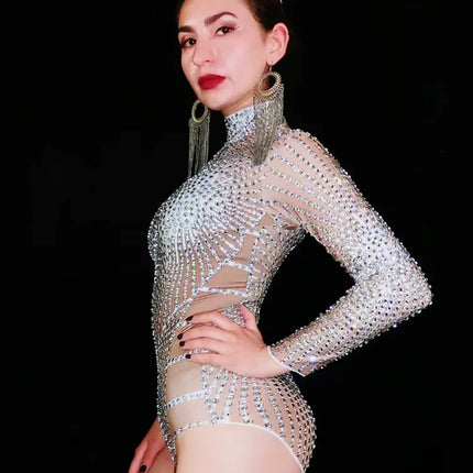 Rhinestone Mirror Bodysuit & Matching Crown Headdress Celebrity Party Stage Costume