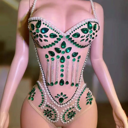 Emerald Green Rhinestone Mesh Bodysuit & Sculpted Peacock Cloak Stage Costume Set