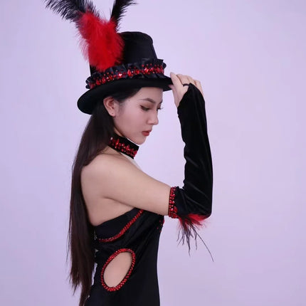 Women Team Jazz Dance Performance Costume Sexy Back Backless Crystal Bodysuit with Gloves Feather Hat Nightclub Gogo Rave Outfit